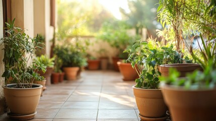 Fototapeta premium Beautiful terrace adorned with potted plants background