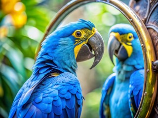 Obraz premium Blue Parrot Gazing at Its Reflection in Mirror - Candid Photography of Exotic Bird Interacting with Its Reflection, Vibrant Plumage, Nature, Wildlife