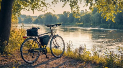 Obraz premium Bicycle parked by the riverbank beautiful landscape background