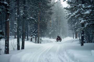 A snowy forest path leads into mystery, with a lone sleigh venturing through the serene, wintry wonderland under towering trees.