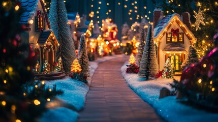 Fototapeta premium Brightly lit pathway leading to a Christmas village display background