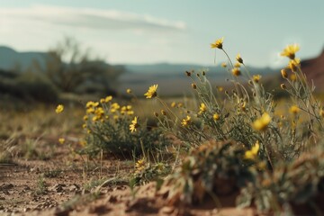 Yellow wildflowers bask in the sun, thriving in the rugged, open expanse of a picturesque natural landscape.