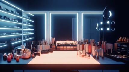A sleek makeup station filled with a variety of high-end beauty products and brushes, all arranged neatly under bright studio lights, showcasing a clean, organized aesthetic perfect for a professional