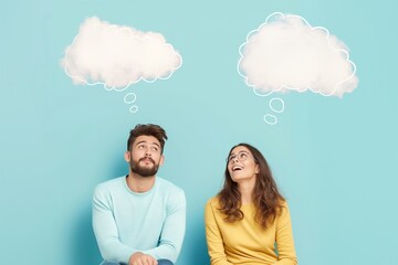 Young couple with cloud and thought bubble on blue background. Communication concept