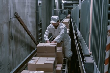 A worker in a uniform organizes boxes along a conveyor belt in an industrial setting, showcasing efficiency and productivity.