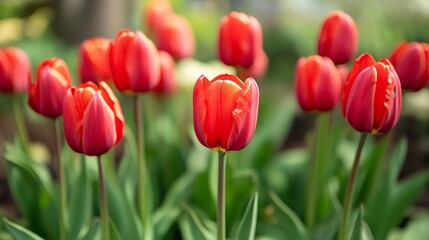 Obraz premium Bright red tulips in garden soft focus background