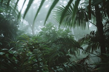 Naklejka premium Dense tropical foliage drenched in gentle mist evokes a hidden world of tranquility and mystery.