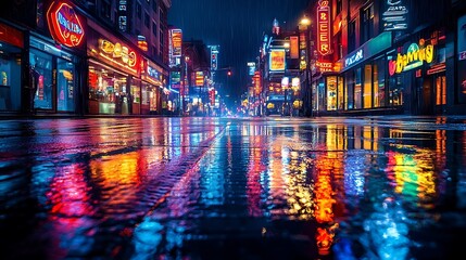 Fototapeta premium City streets shine with vibrant reflections on rainy nights
