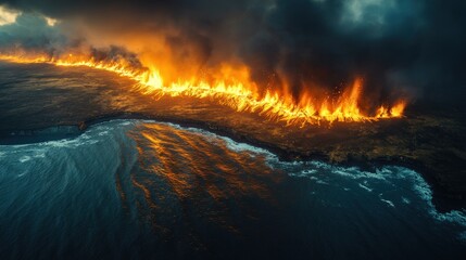 Fototapeta premium An aerial view of a wildfire burning along a coastline, the flames reaching high into the sky and reflecting in the water below.