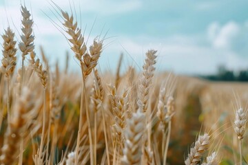 Fototapeta premium Sunlit wheat field with golden ears swaying, under a bright blue sky, capturing the essence of a peaceful rural landscape.