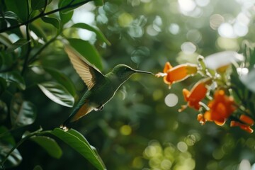 Naklejka premium A vivid hummingbird in flight, sipping nectar from an orange flower amidst a lush, sunlit garden.