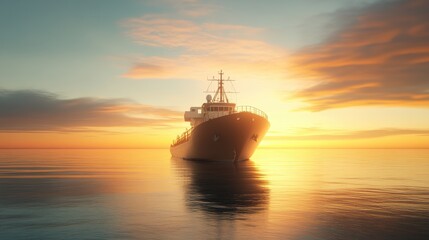 Fototapeta premium Serene Sunset Over Calm Waters with Ship Silhouette