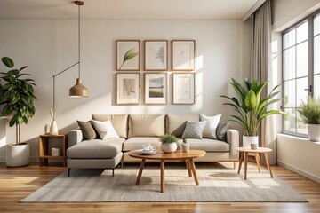 Fototapeta premium Minimalist Living Room Design with Empty Picture Frames, Cozy Sofa, and Natural Light - Perfect for Modern Home Aesthetics