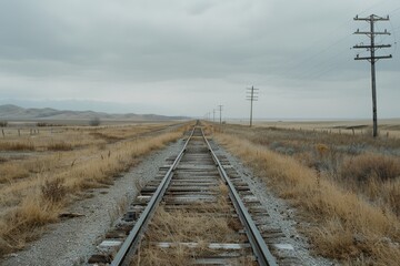 Obraz premium Lonely railroad passes through windswept plains under a moody sky, evoking a sense of nostalgia and untamed exploration.