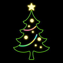 Fototapeta premium 星を飾ったクリスマスツリーのネオン風の線画イラスト 黒背景の切り抜き