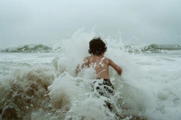 Fototapeta premium A child joyfully runs against powerful waves at the beach, embraced by the wild, exhilarating energy of the ocean.