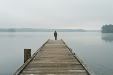 Naklejka premium A solitary figure stands on a dock over a tranquil lake, enveloped in mist, reflecting solitude and contemplative serenity away from busy life.