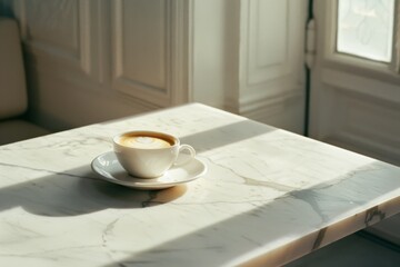 A single cappuccino sits elegantly on a sunlit marble table, casting soft shadows that evoke a serene morning ambiance.