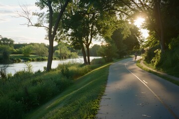 Obraz premium A sun-dappled path winds alongside a peaceful river, framed by vibrant greenery and casting long shadows in the afternoon light.