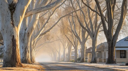 Serene Tree-Lined Street at Sunrise