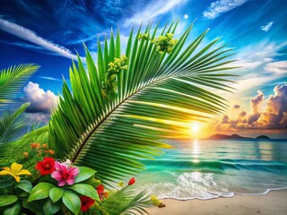 Fototapeta premium Captivating Double Exposure of Tropical Green Palm Leaf with Scenic Nature Background, Perfect for Nature Lovers and Eco-Friendly Designs