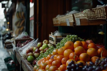 Vibrant fruits tightly packed at a lively market stall, echoing freshness and the bounty of nature.