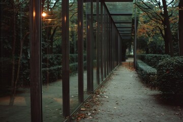 A glassy walkway reflects autumn's mild hues, providing a peaceful path through a sheltered, leafy garden corridor.