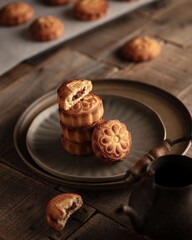 A stack of golden brown cookies with a flower design sits on a plate, along with another cookie broken in half, revealing a dark brown filling. Other cookies blur in the background on a parchmentlined