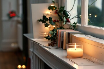 A cozy windowsill display with glowing candles, adorned with holiday cards and pine sprigs, creating an inviting festive warmth.