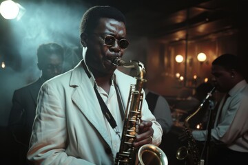 A charismatic jazz musician exudes artistry and passion, playing the saxophone amid vintage ambiance and moody lighting on stage.
