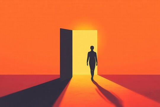 A minimalistic silhouette of a person walking towards a radiant open door, symbolizing the journey towards new opportunities and fresh beginnings, with a clean, simple background to enhance focus on 