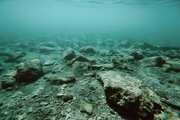 Underwater view of a rocky seabed, revealing muted shades and fascinating textures that evoke the calm and mystery of the ocean.