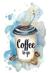 Coffee to go. Hand drawn illustration on watercolor background.