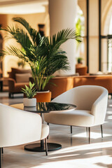 A stylish interior featuring modern chairs and round table, surrounded by lush greenery. warm tones and natural light create welcoming atmosphere