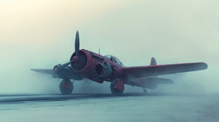 Vintage Red Airplane in Foggy Atmosphere
