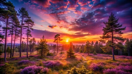 Naklejka premium Captivating Purple Sunset in a Serene Forest - Enchanting Nature Photography, Tranquil Landscape, Scenic Views, Vibrant Colors, Forest Sunset, Peaceful Evening, Natural Beauty