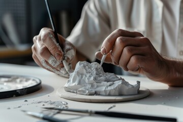 Hands sculpt a detailed mountain landscape from clay, focusing intently on each tiny ridge and valley, capturing the essence of creativity.