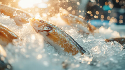 Fresh fish glistening on ice, showcasing their vibrant colors and textures in lively market setting. sunlight creates warm, inviting atmosphere, enhancing beauty of catch
