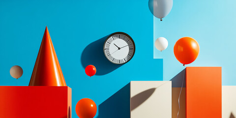 Bright and colorful composition featuring geometric shapes, clock, and balloons. vibrant orange and blue create playful atmosphere, perfect for celebrations