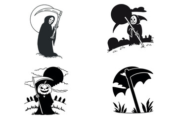 Four grim reaper halloween icons with scythes and pumpkins