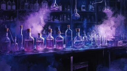 Enchanted Laboratory Bottles with Mystical Vapors