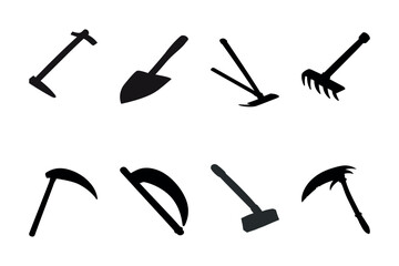 Collection of silhouetted garden tools and agricultural implements