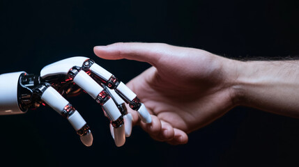 image captures human hand reaching out to robotic hand, symbolizing connection between humanity and technology. This moment evokes sense of curiosity and wonder about future of human robot interactio