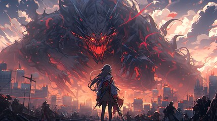 Fototapeta premium a beautiful girl with a huge monster fighting, amidst the ruins of an apocalyptic city, colorful anime style