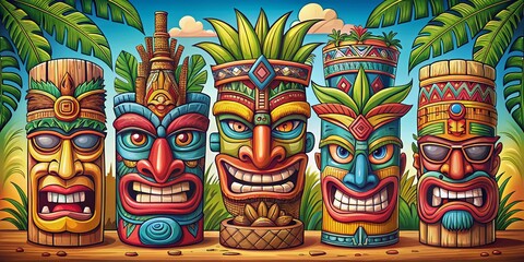 Obraz premium Cartoon Tiki Masks and Hawaiian Totems - Tropical Wooden Tribal Statues and Island Gods Sculptures Vector Set for Tropical Decor and Artwork