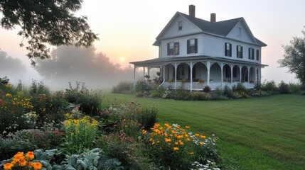 Naklejka premium Charming White House Amidst Colorful Garden in Fog