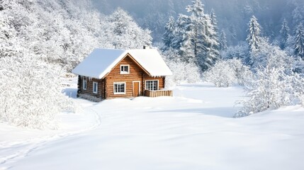 Fototapeta premium Cozy cabin nestled in a snowy landscape background