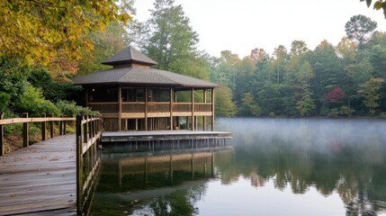 Tranquil Lakeside Lodge in Autumn Morning Mist