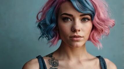 Naklejka premium A woman with pink and blue hair in a dress