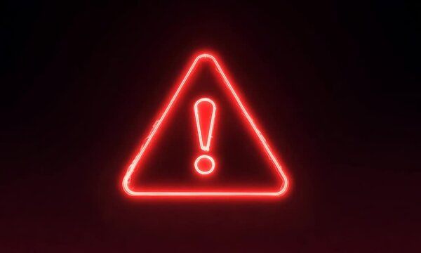  Glowing red warning symbol with exclamation mark inside triangle conveying alert or caution in neon style
